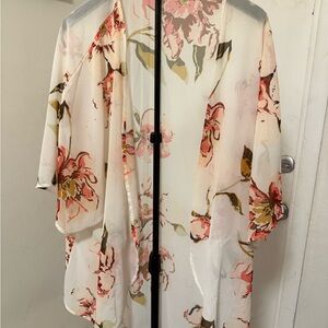 Othr Sheer Floral Kimono - White with Pink & Olive Accents